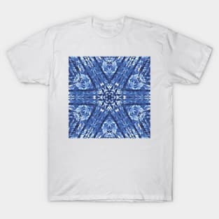 radial snowflake style pattern and design hexagonal kaleidoscopic style in shades of BLUE T-Shirt